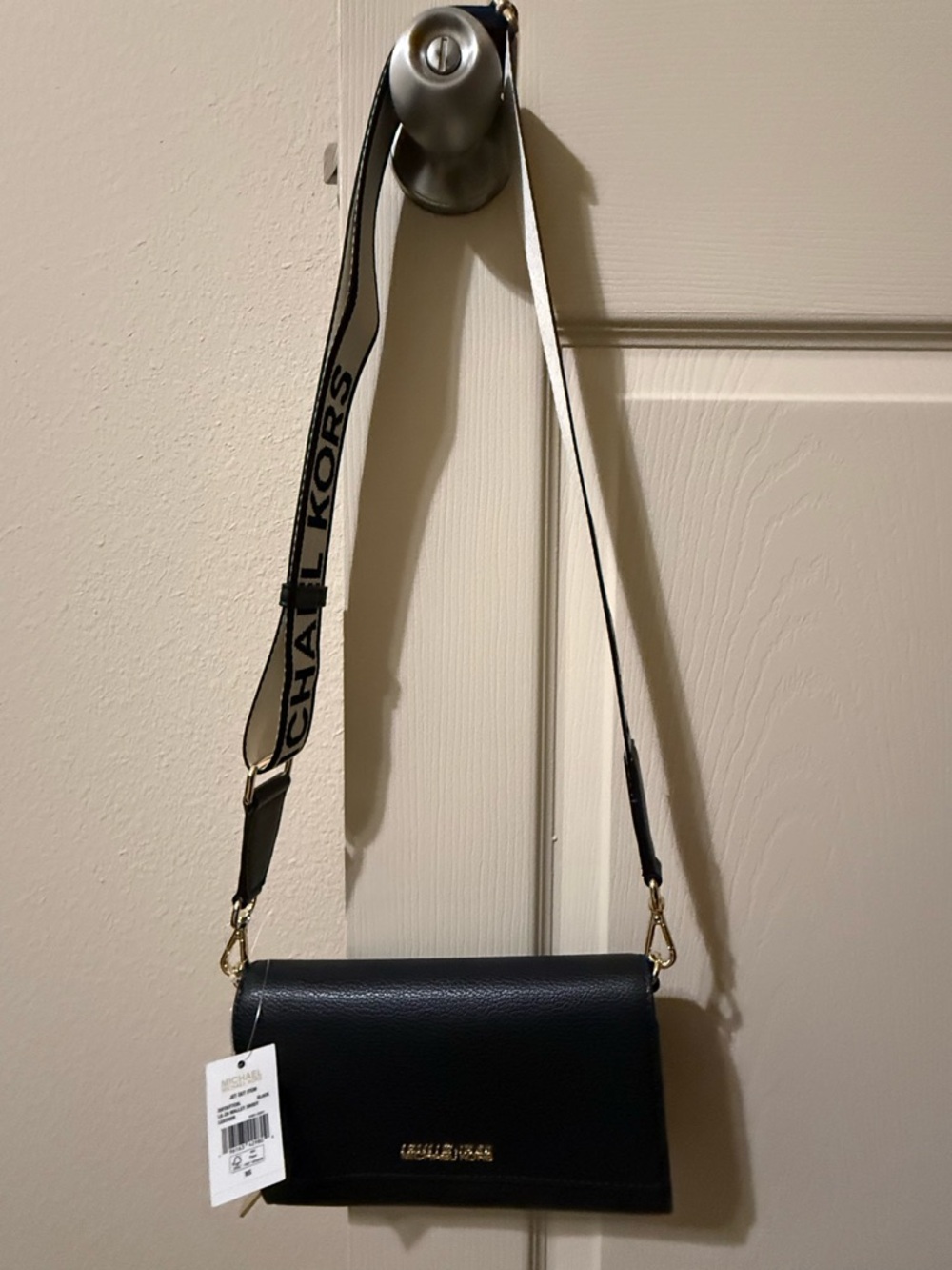 Michael Kors Black Leather Crossbody with Logo Jacquard Strap